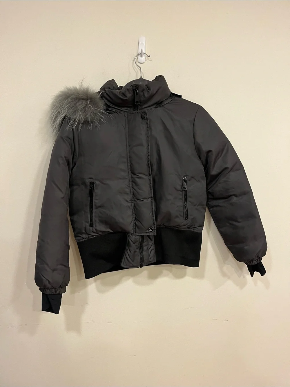 Girls' Short Puffer Jacket with Faux Fur Hood Trim - Charcoal